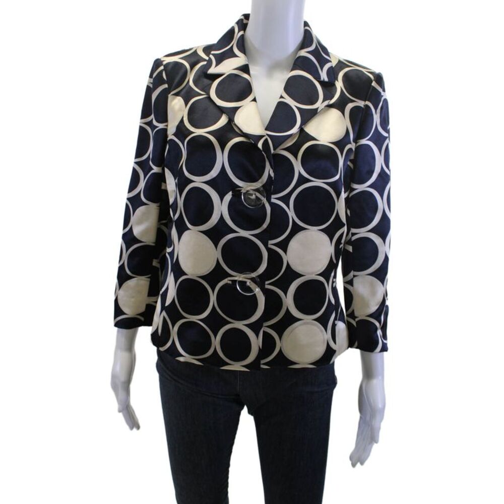 Tuleh Women Dark Blue Geometric Collared Blazer 3/4 Sleeve Polyester Size S